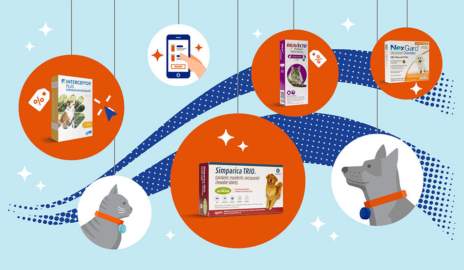 Illustration of pet medications in circles on a string